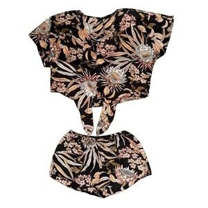 Midnight Bakery Black Satin Botanical Tie Top and Short Pajama Set Sz Small Boho